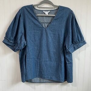 Draper James Chambray Top Blouse V-Neck Short Sleeve Ruffle Cuff XXL